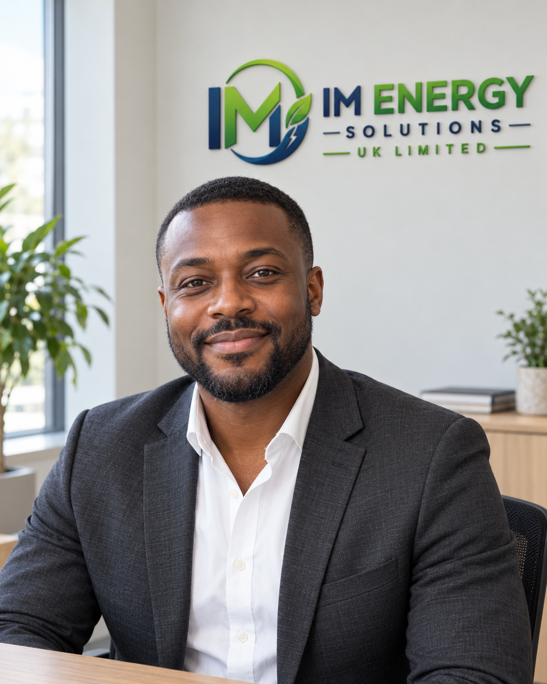 Nathan Clarke, Energy Consultant, with the IM Energy Solutions logo in the background