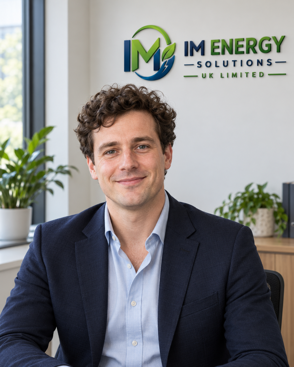 Oliver Hayes, Energy Consultant, with the IM Energy Solutions logo in the background