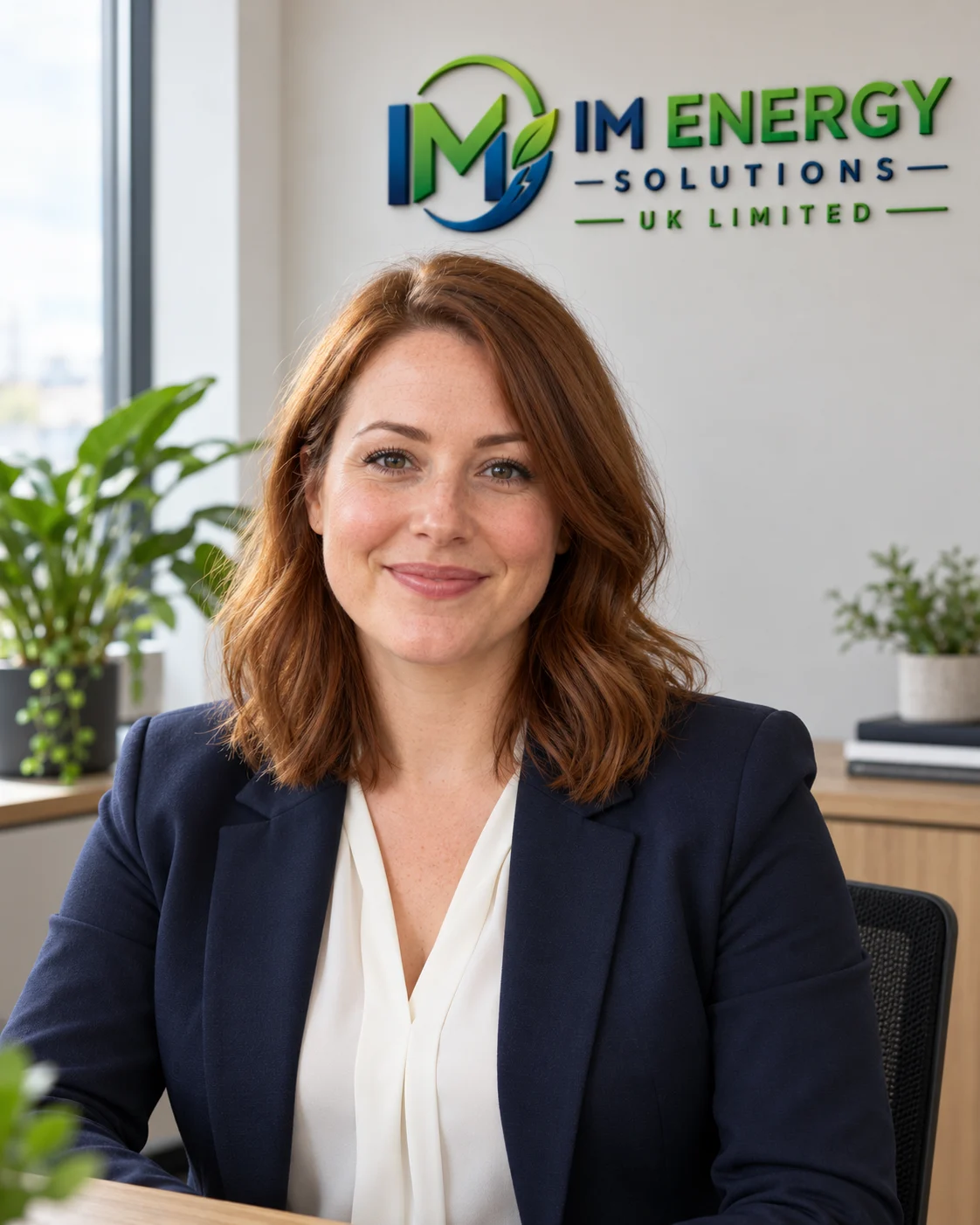 Sophie Reed, Head of HR & Admin, with the IM Energy Solutions logo in the background